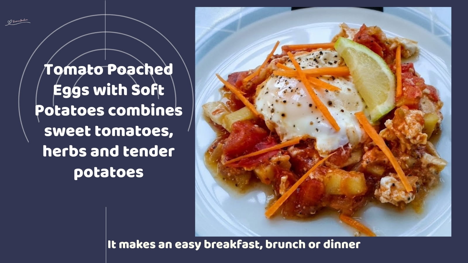 An image of a plate of Tomato Poached Eggs with Soft Potatoes for breakfast, brunch or easy dinner