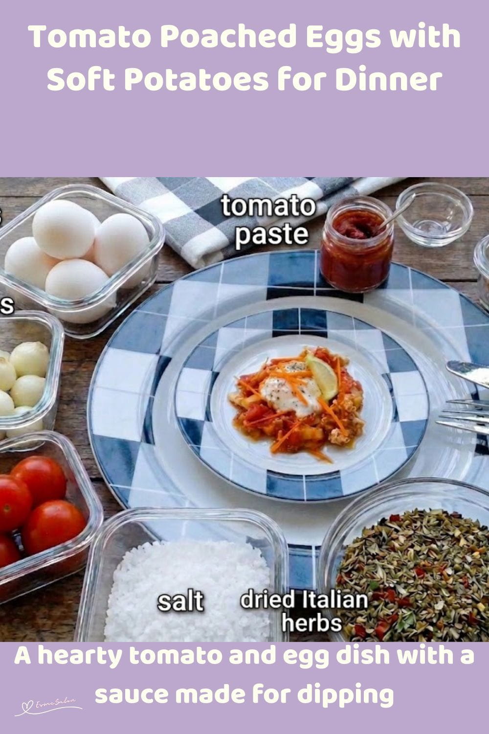 An image of a plate of Tomato Poached Eggs with Soft Potatoes for breakfast, brunch or easy dinner