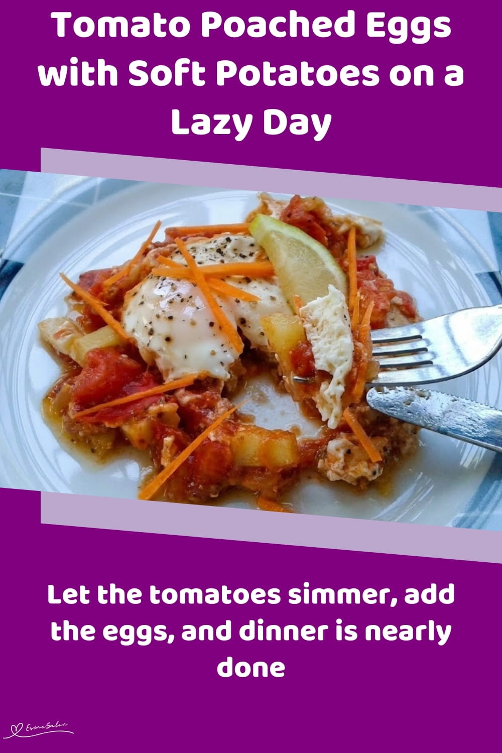 An image of a plate of Tomato Poached Eggs with Soft Potatoes for breakfast, brunch or easy dinner
