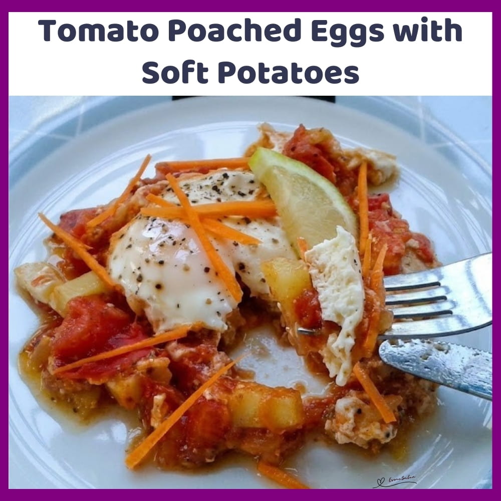 An image of a plate of Tomato Poached Eggs with Soft Potatoes for breakfast, brunch or easy dinner