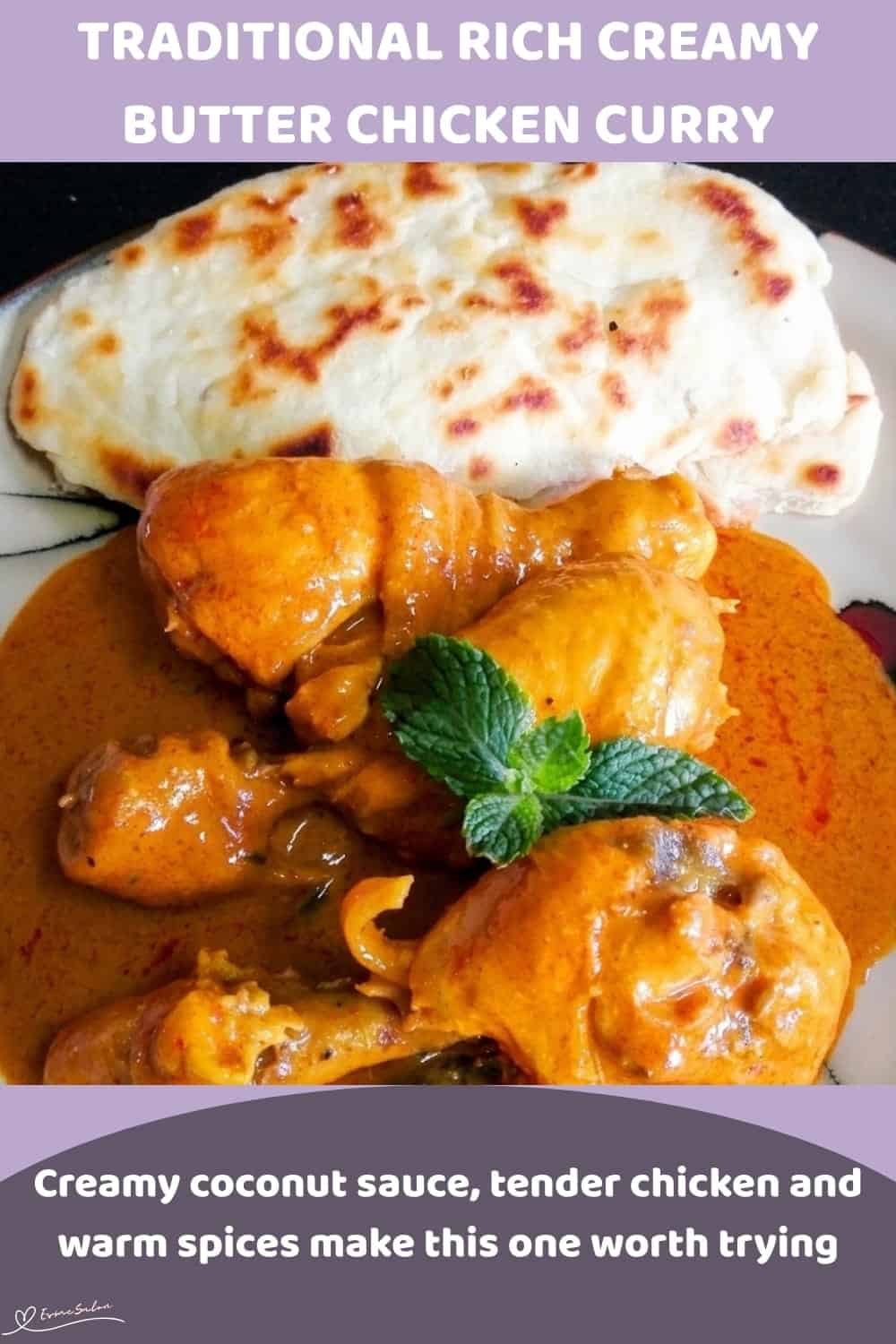 An image of a plate with Creamy Butter Chicken, saffron, tomato, warm spices and coconut sauce