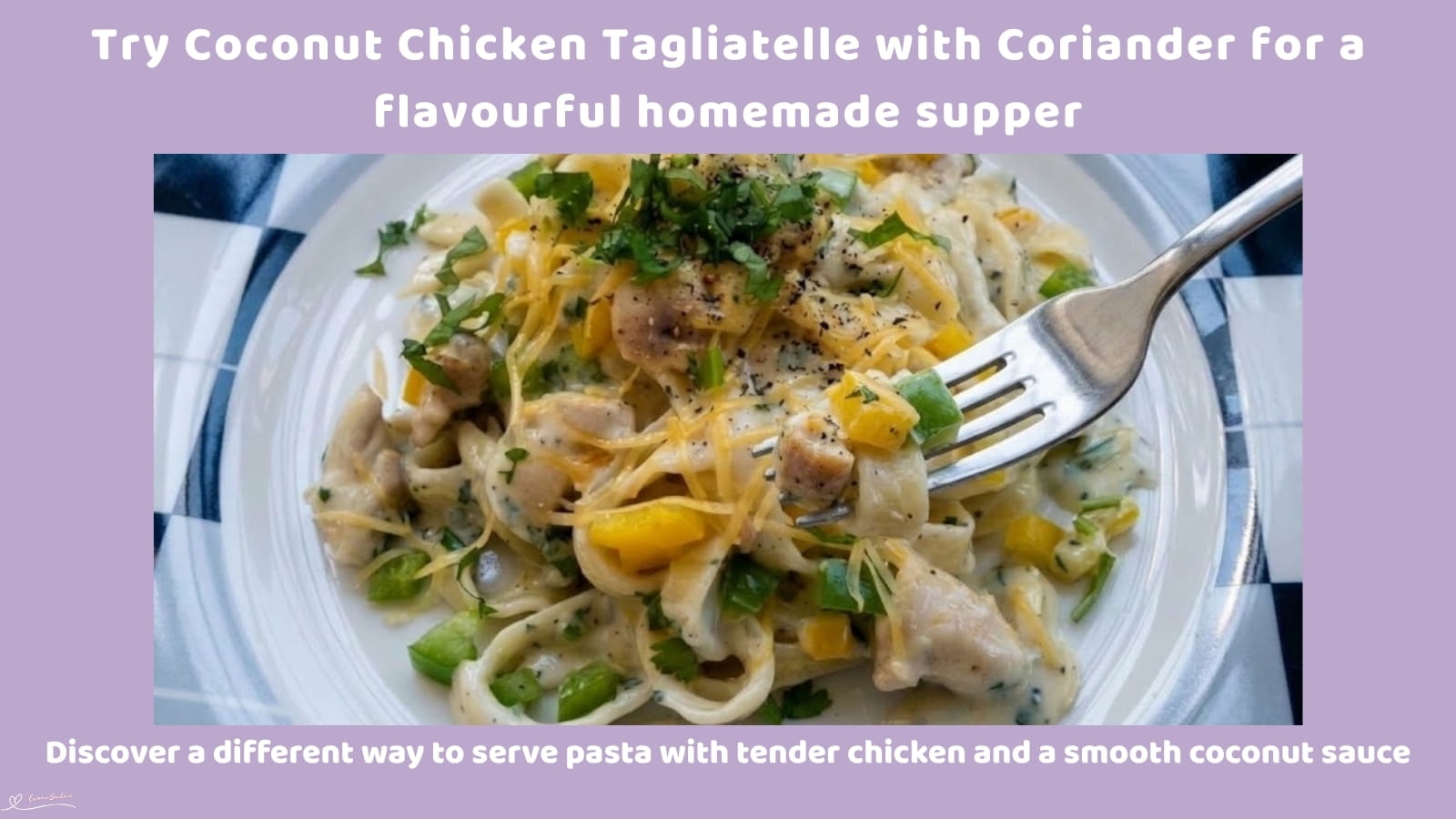 An image of a plate of circles of tagliatelle pasta, chicken breast, green and yellow peppers in a coconut milk sauce