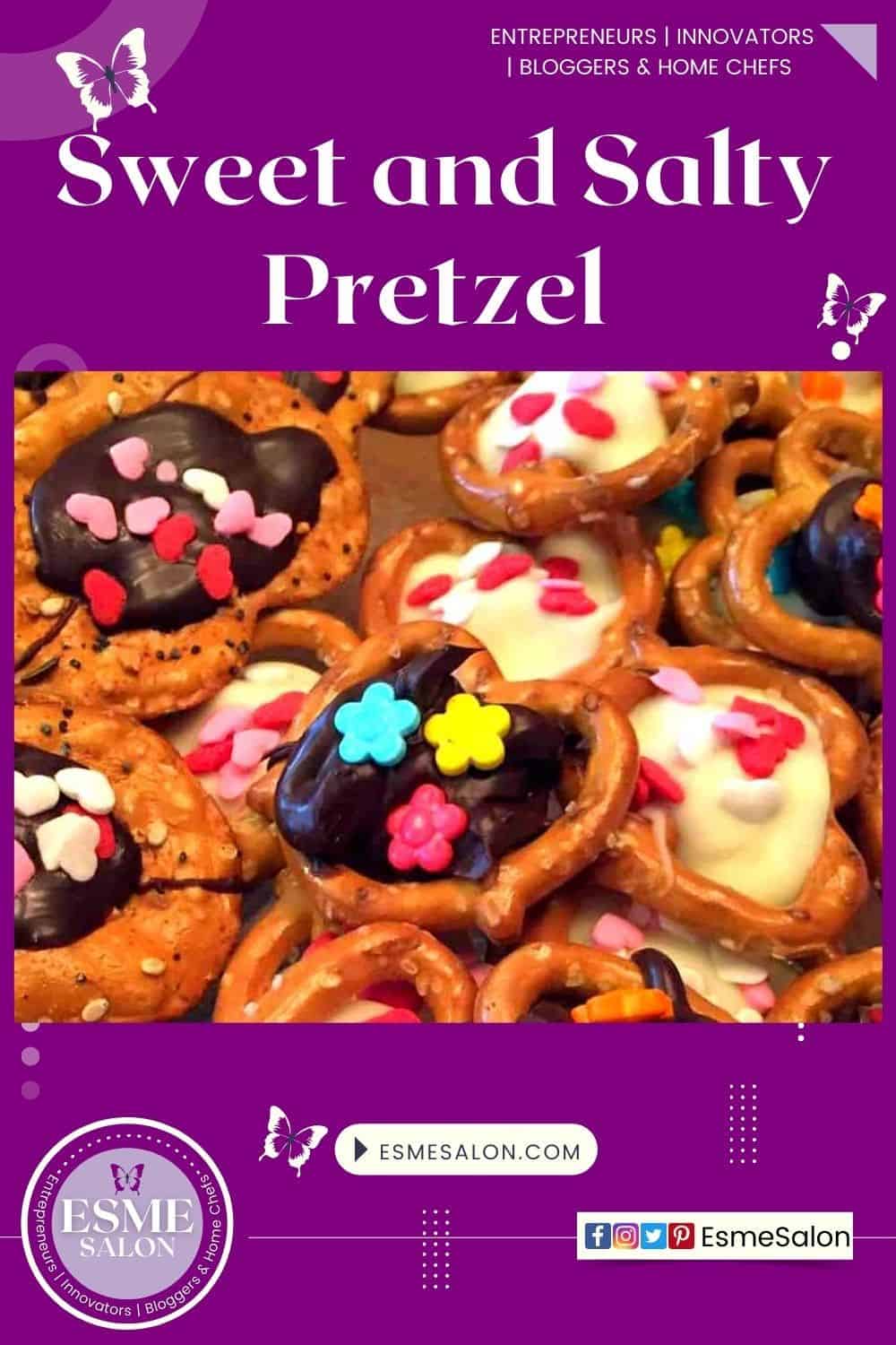 Salty Pretzels with chocolate filling and decorated with sugar heart candies