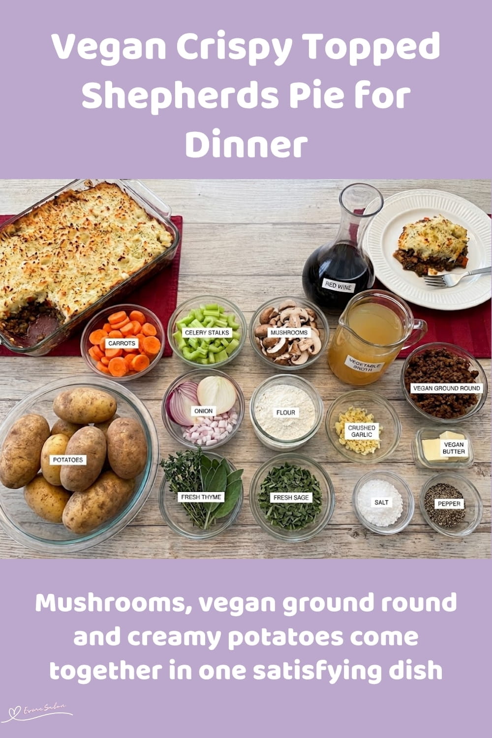 An image of dish with Vegan Crispy Topped Shepherds Pie with carrots, celery, onion and mushrooms
