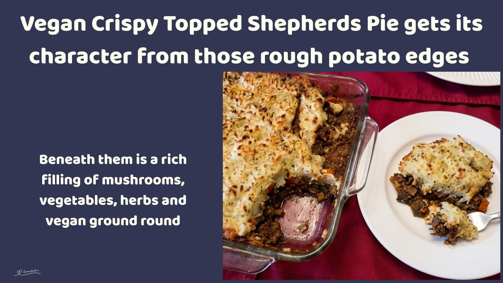 An image of dish with Vegan Crispy Topped Shepherds Pie with carrots, celery, onion and mushrooms
