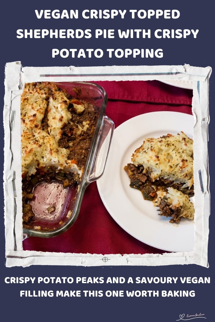An image of dish with Vegan Crispy Topped Shepherds Pie with carrots, celery, onion and mushrooms