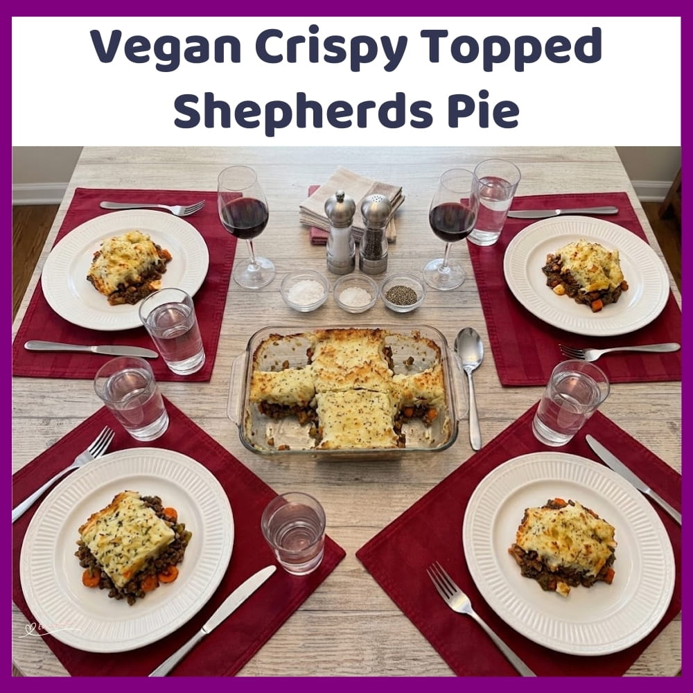 An image of dish with Vegan Crispy Topped Shepherds Pie with carrots, celery, onion and mushrooms