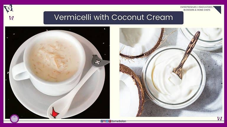 an image of a white mug and saucer, with a spoon and filled with Vermicelli with Coconut Cream