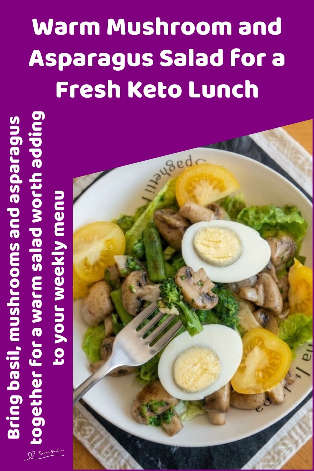 An image of a plate of Keto salad: Portobello mushrooms, fresh asparagus and boiled eggs with a homemade basil dressing