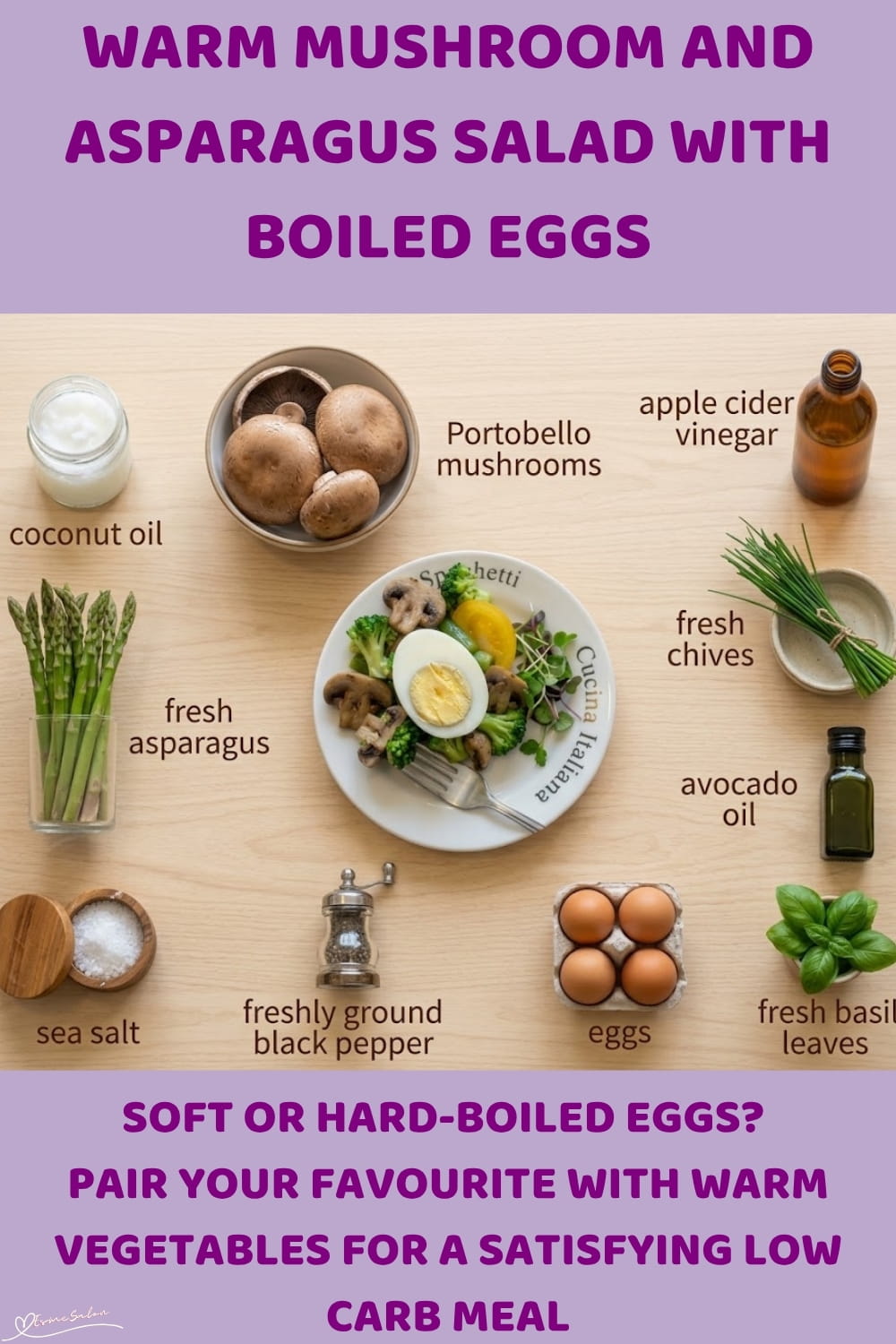 An image of a plate of Keto salad: Portobello mushrooms, fresh asparagus and boiled eggs with a homemade basil dressing