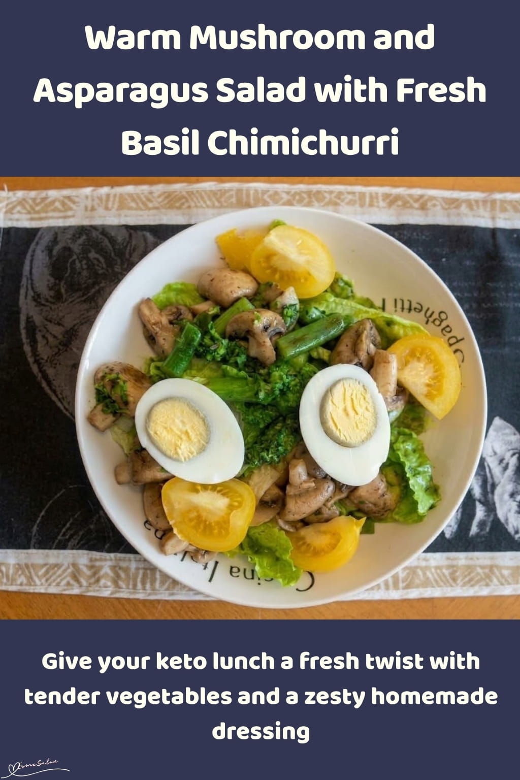 An image of a plate of Keto salad: Portobello mushrooms, fresh asparagus and boiled eggs with a homemade basil dressing