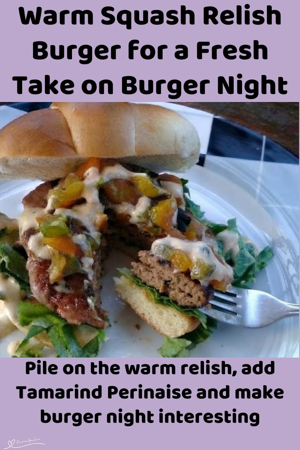 An image of a beef burger patty with Warm Squash Relish and Tamarind Sauce