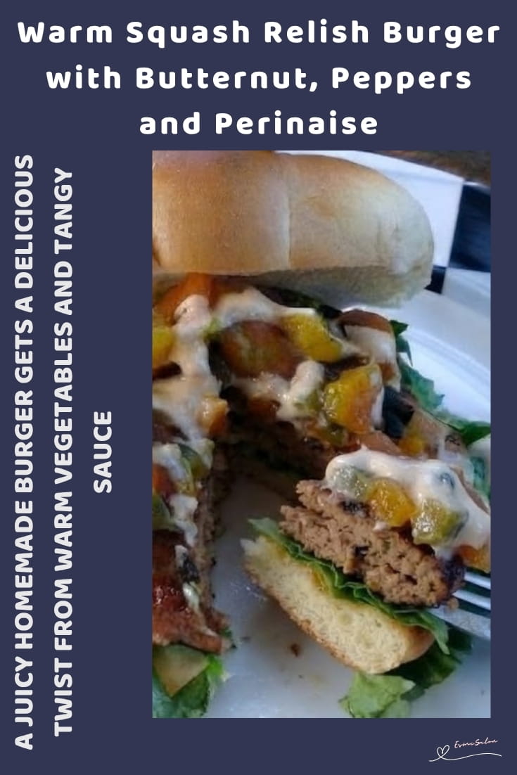 An image of a beef burger patty with Warm Squash Relish and Tamarind Sauce