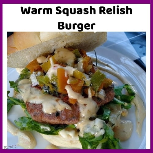 An image of a beef burger patty with Warm Squash Relish and Tamarind Sauce