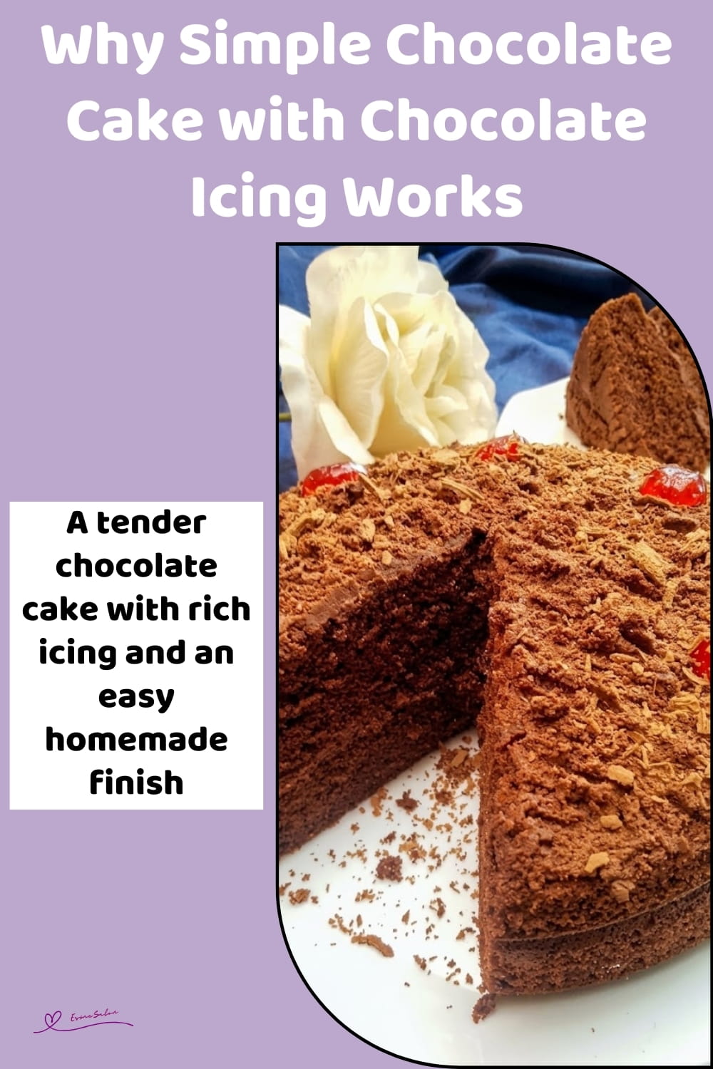 An image of a round Chocolate Cake with chocolate icing, flakes, and cherries