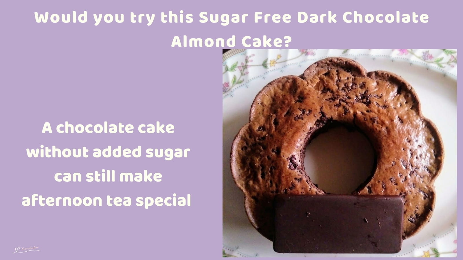An image of a plate with a Bundt-shaped Sugar-Free Dark Chocolate Almond Powder Cake