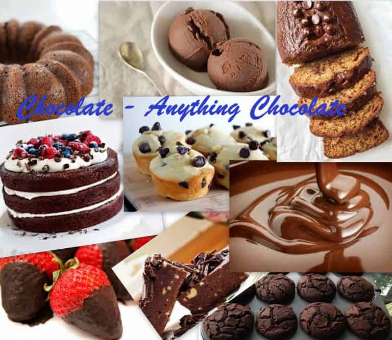 Chocolate cake, strawberries dipped in chocolate, Chocolate ice cream, Chocolate cookies chocolate muffins
