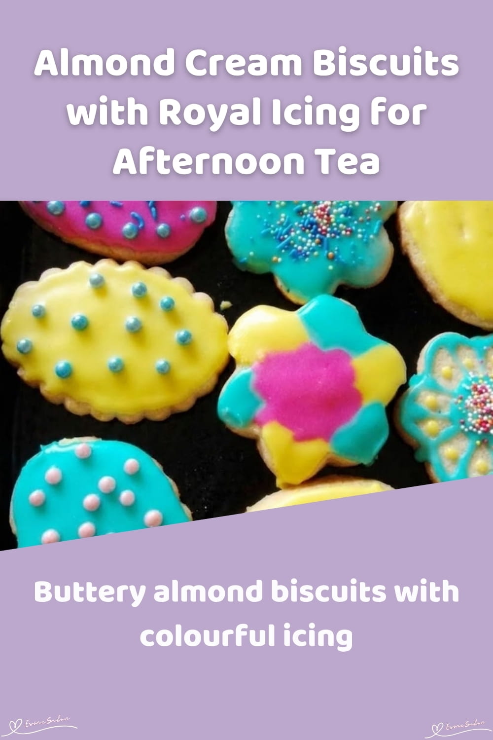 An image of a plate of decorated almond-cut-out buttery biscuits with royal icing, creatively decorated