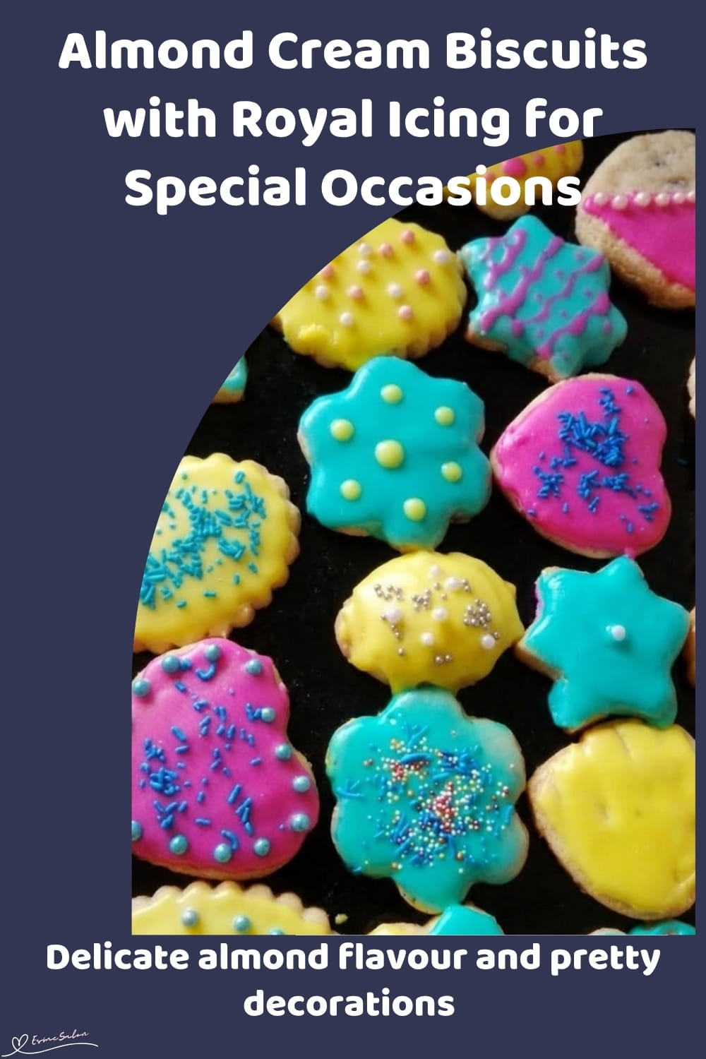 An image of a plate of decorated almond-cut-out buttery biscuits with royal icing, creatively decorated