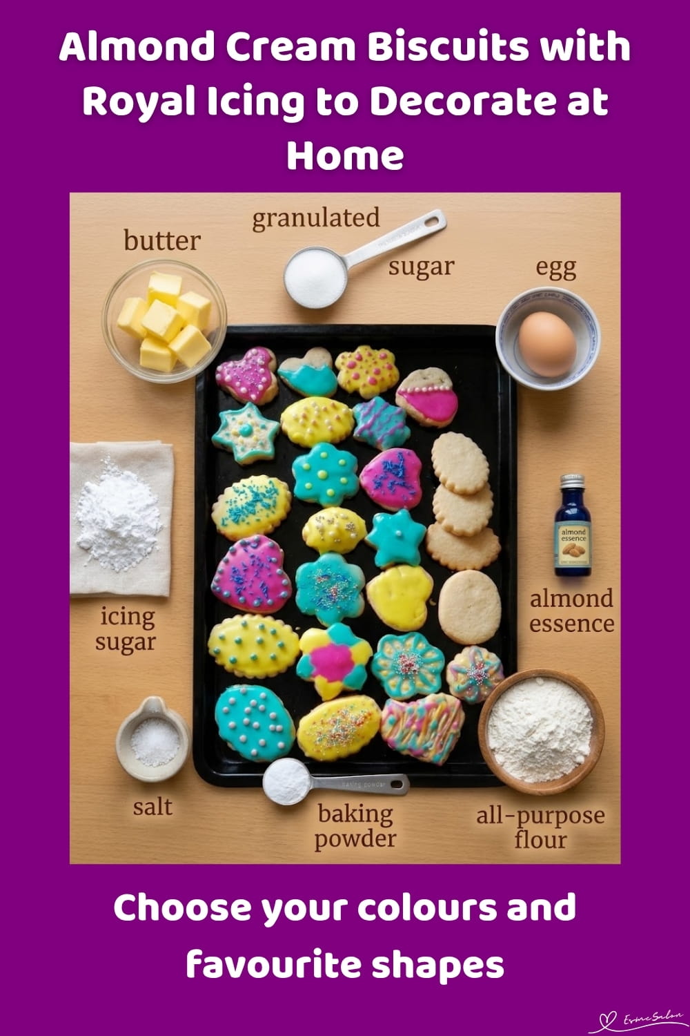 An image of a plate of decorated almond-cut-out buttery biscuits with royal icing, creatively decorated