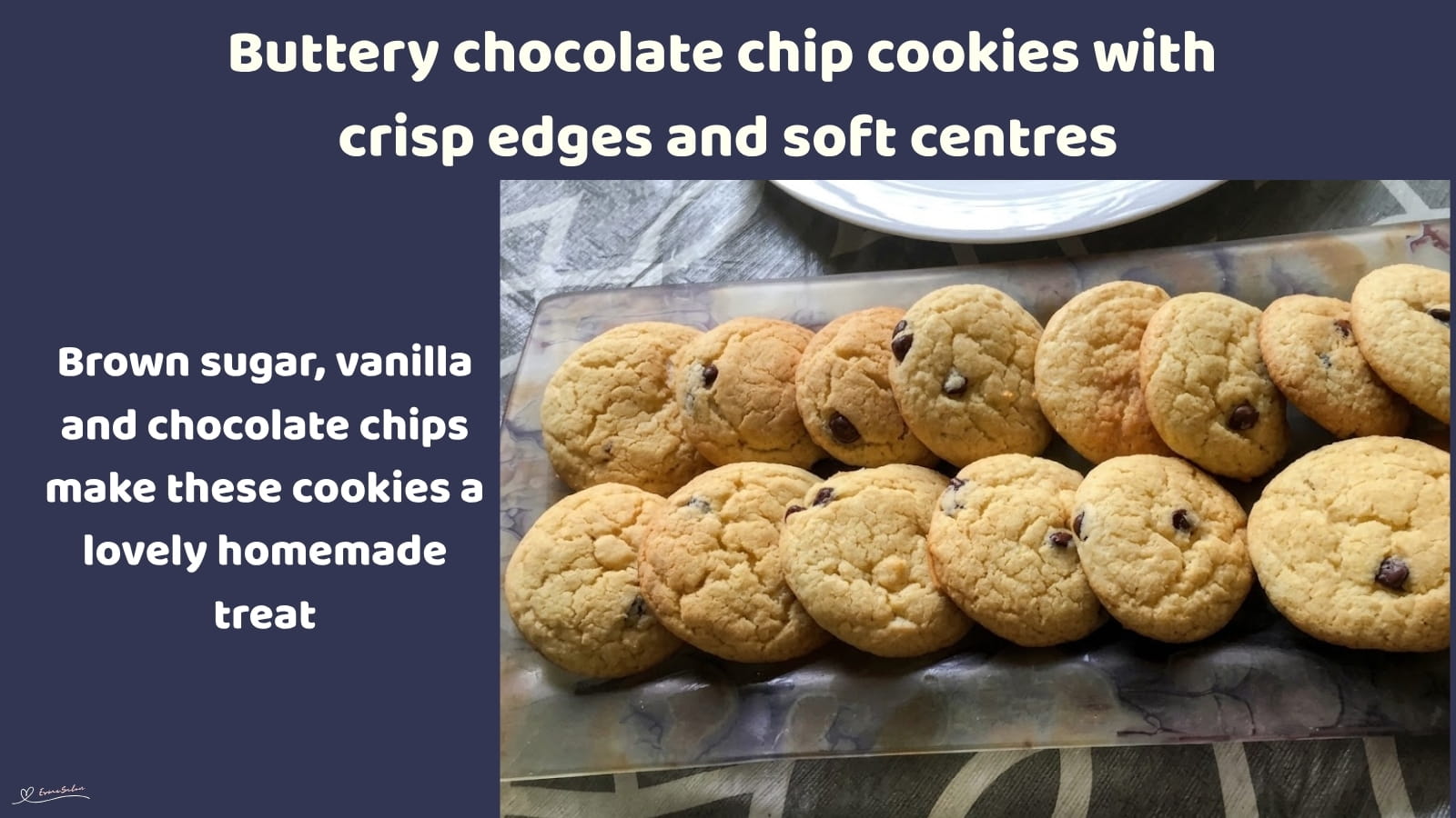 An image of a plate with Chocolate Chip Cookies with Crisp Edges and soft centres, combining brown sugar, vanilla and chocolate chips