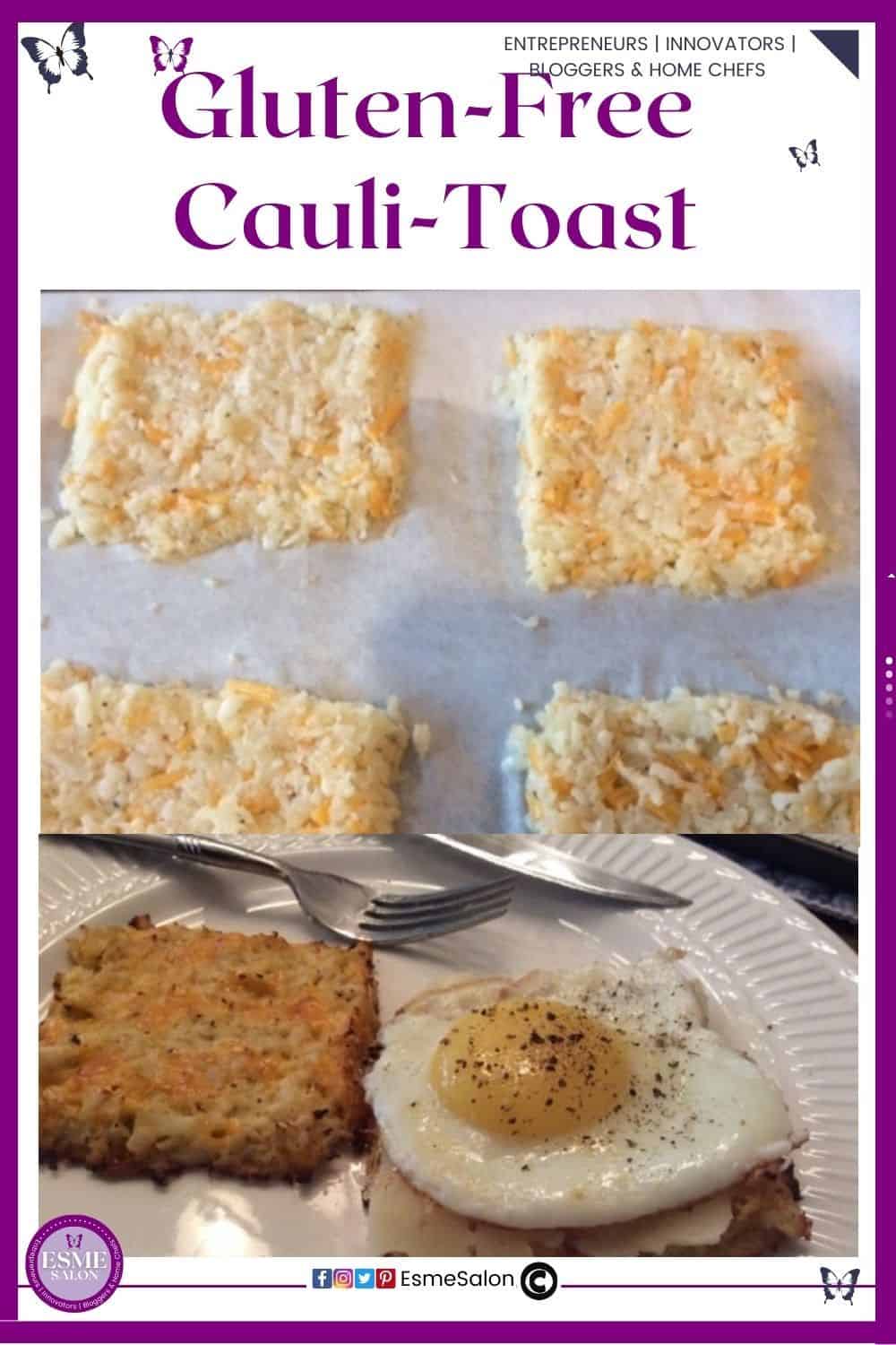 an image of cubes of Gluten-Free Cauli-Toast and plated with an egg on the Cauli-Toast
