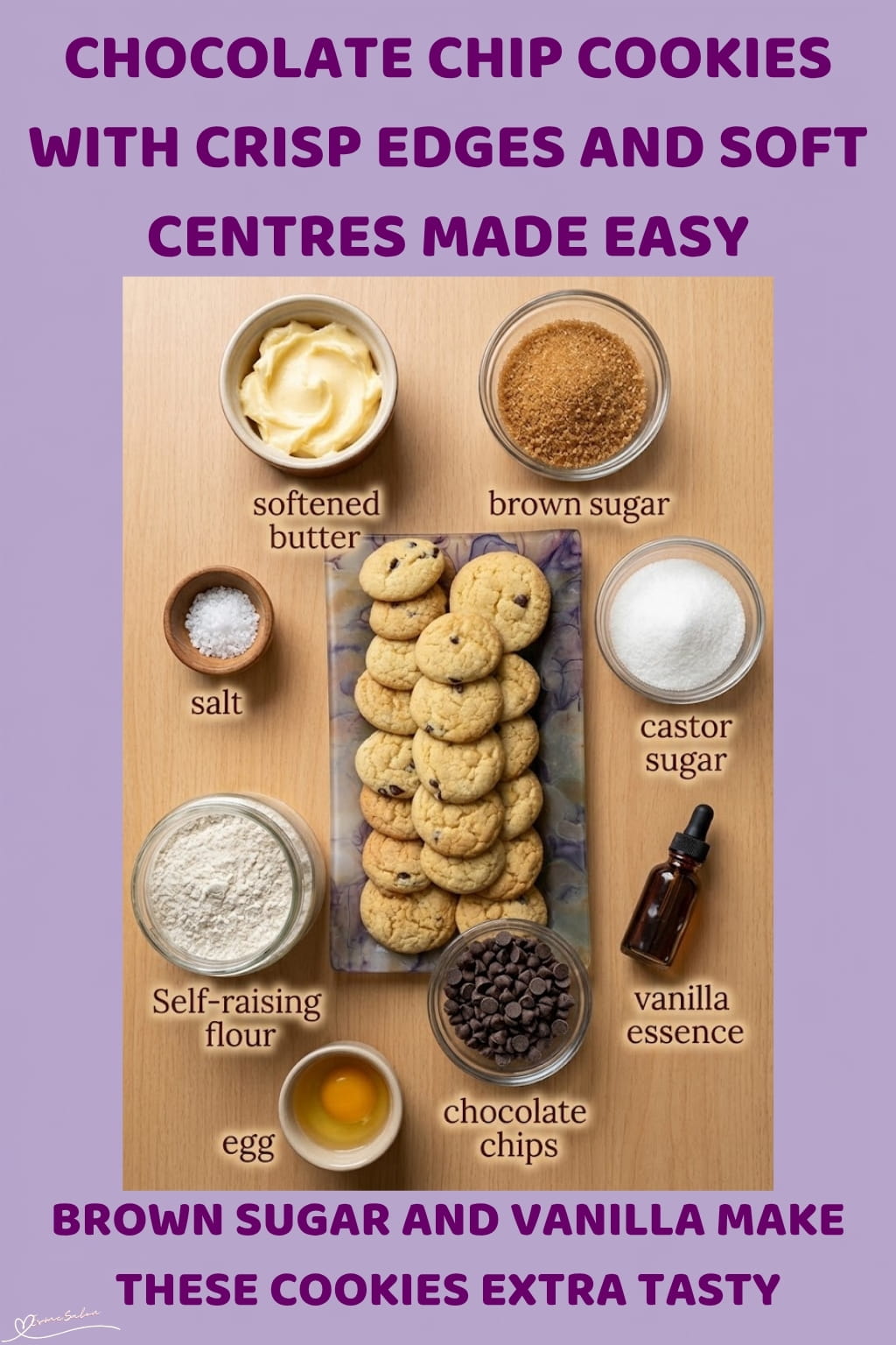 An image of a plate with Chocolate Chip Cookies with Crisp Edges and soft centres, combining brown sugar, vanilla and chocolate chips