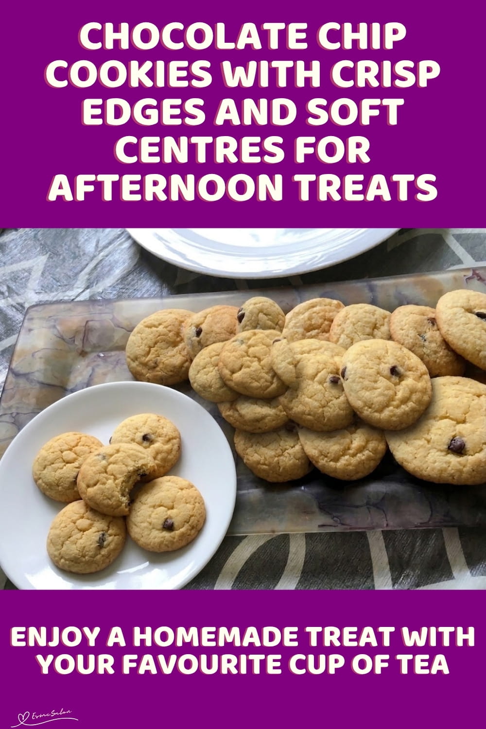 An image of a plate with Chocolate Chip Cookies with Crisp Edges and soft centres, combining brown sugar, vanilla and chocolate chips