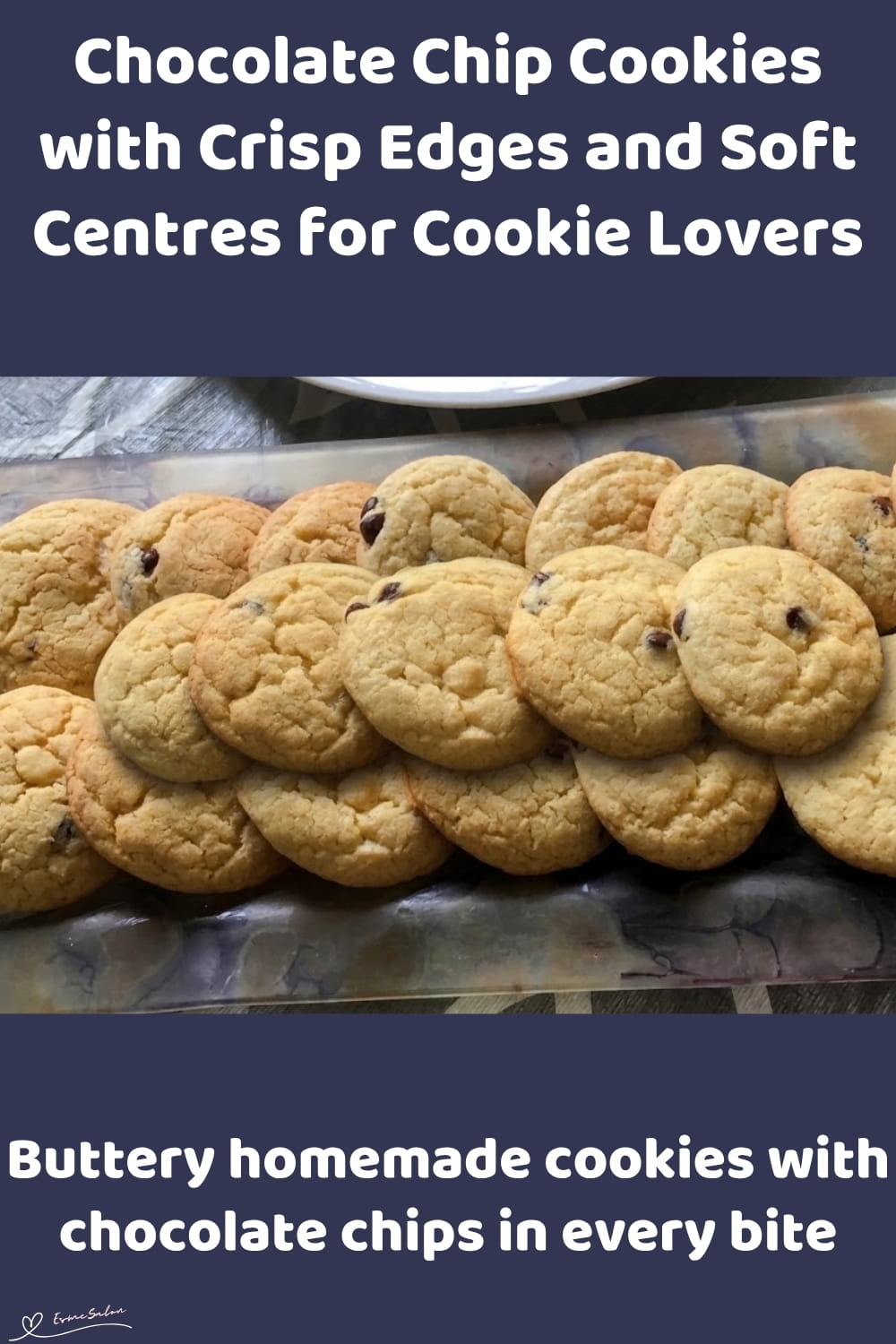 An image of a plate with Chocolate Chip Cookies with Crisp Edges and soft centres, combining brown sugar, vanilla and chocolate chips