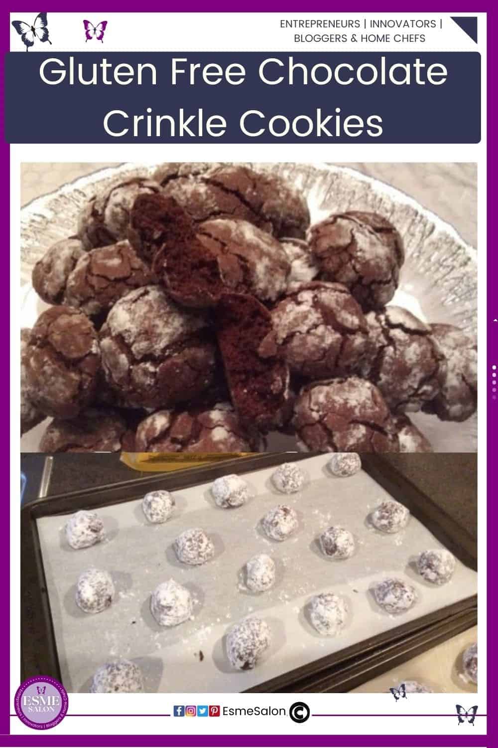 an image of a glass platter with baked Gluten Free Chocolate Crinkle Cookies as well as some unbaked on a baking tray