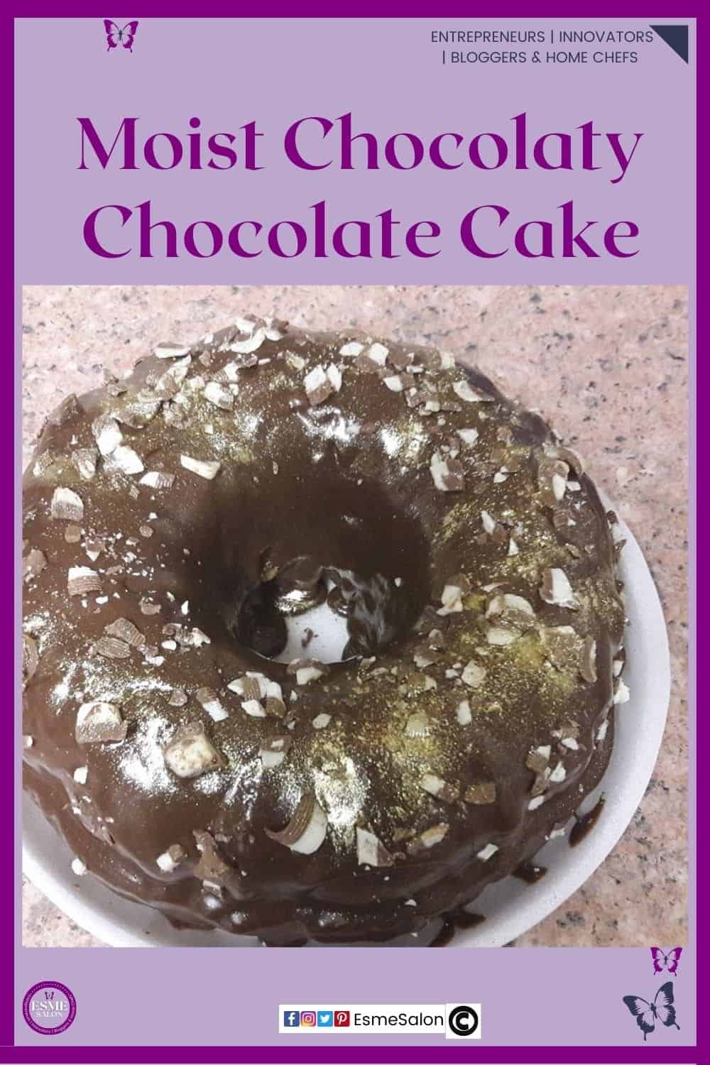 an image of a round Bundt Moist Chocolaty Chocolate Cake with shredded top deck chocolate