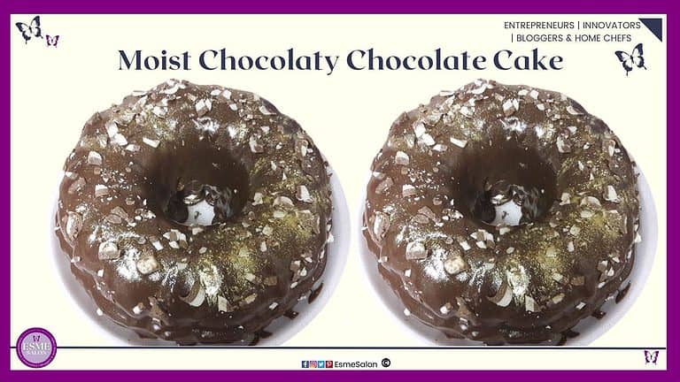 an image of a round Bundt Moist Chocolaty Chocolate Cake with shredded top deck chocolate