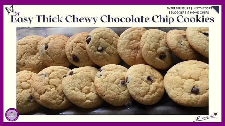 an image of Chocolate Chip Cookies on a glass serving tray stacked in two rows overlapping each other