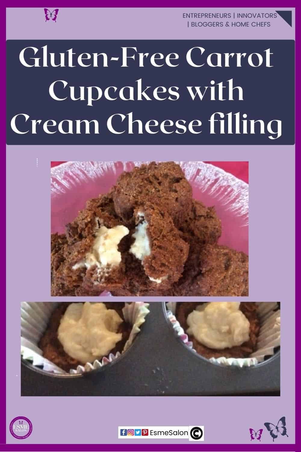 an image of a glass cake stand with Gluten-Free Carrot Cupcakes with Cream Cheese filling as well as one in a cupcake casing prior to being baked