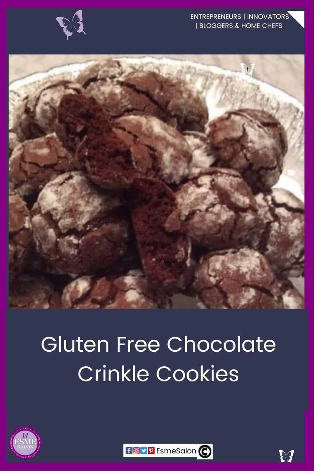 an image of a glass platter with baked Gluten Free Chocolate Crinkle Cookies