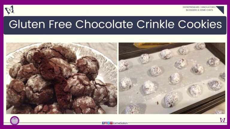 an image of a glass platter with baked Gluten Free Chocolate Crinkle Cookies as well as some unbaked on a baking tray