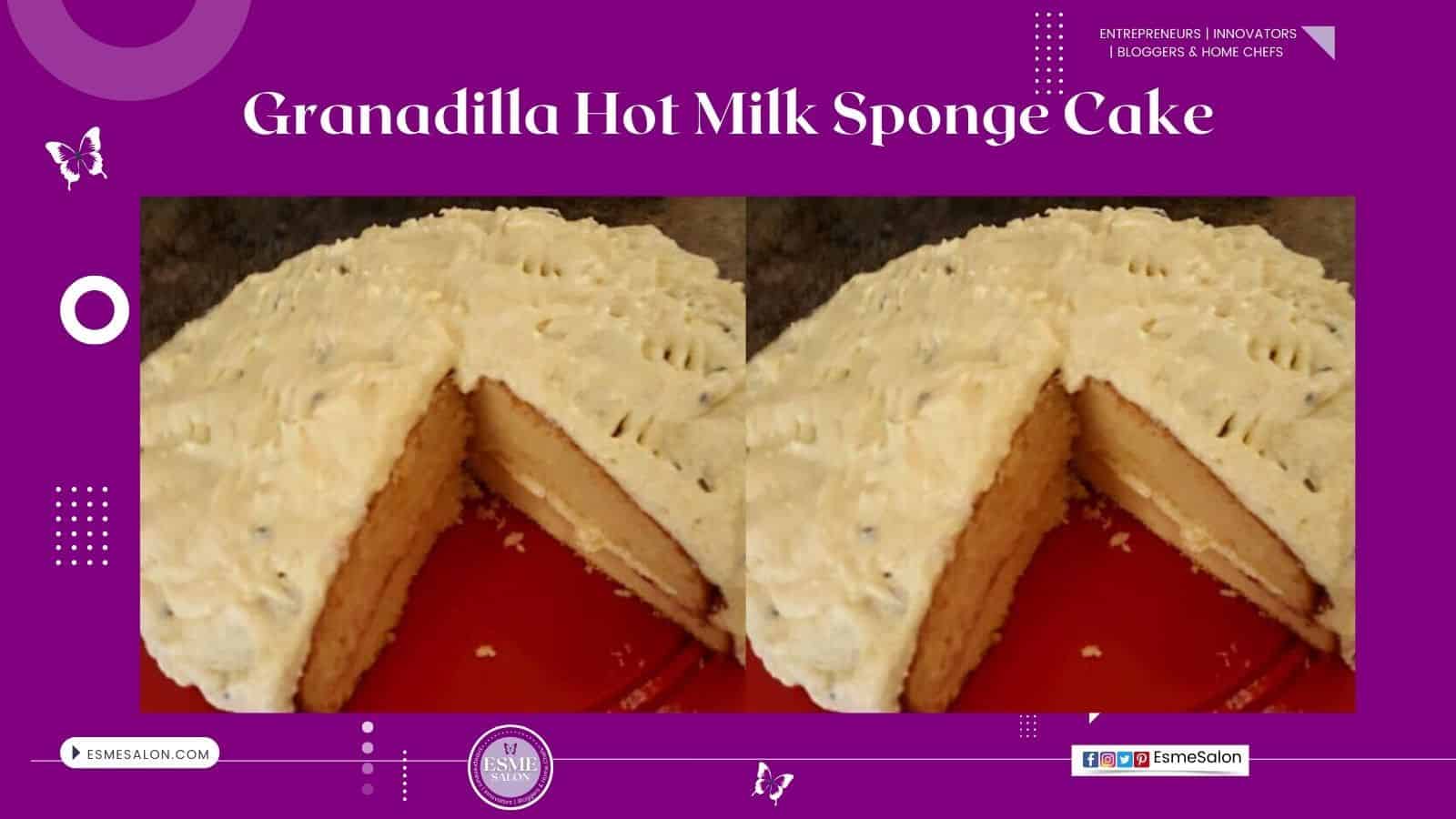 An image of a hot milk sponge cake with Granadilla icing
