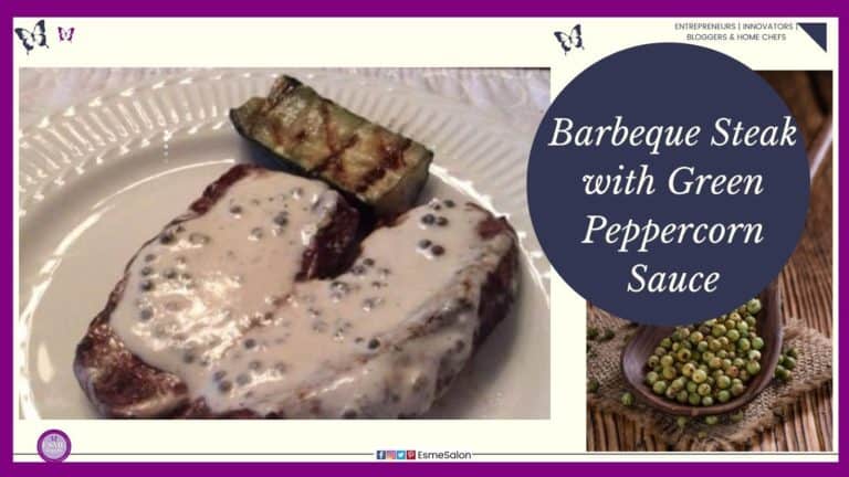 an image of two slices of BBQ'd steak smothered in green peppe4rcorn sauce