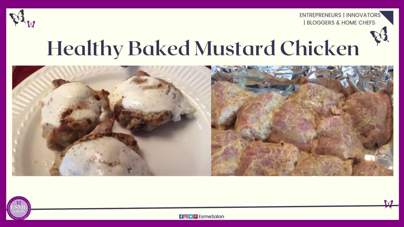 an image of a white plate with three pieced of Baked Mustard Chicken