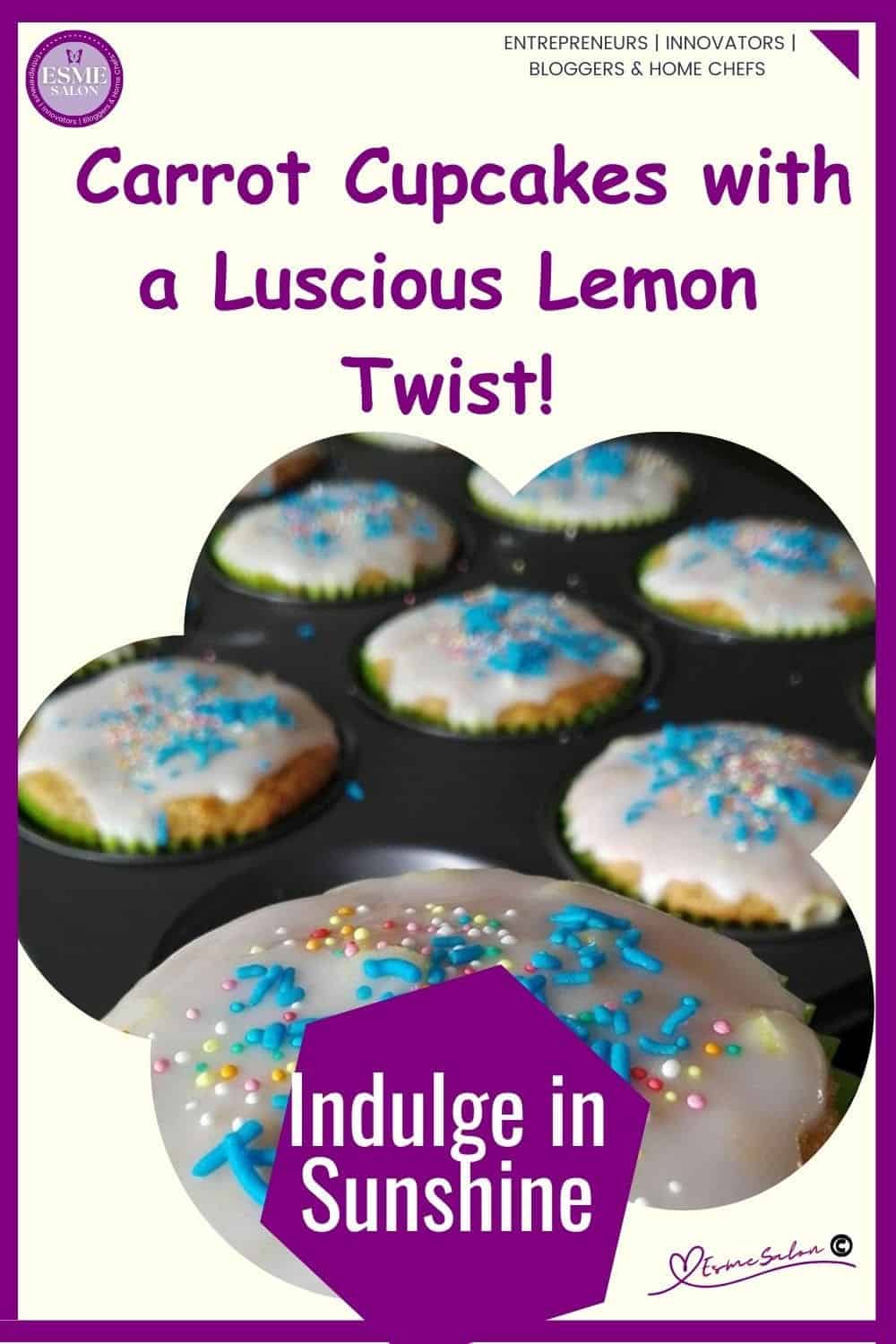 an image of Carrot Cupcakes with a lemony white glaze and colored sprinkles