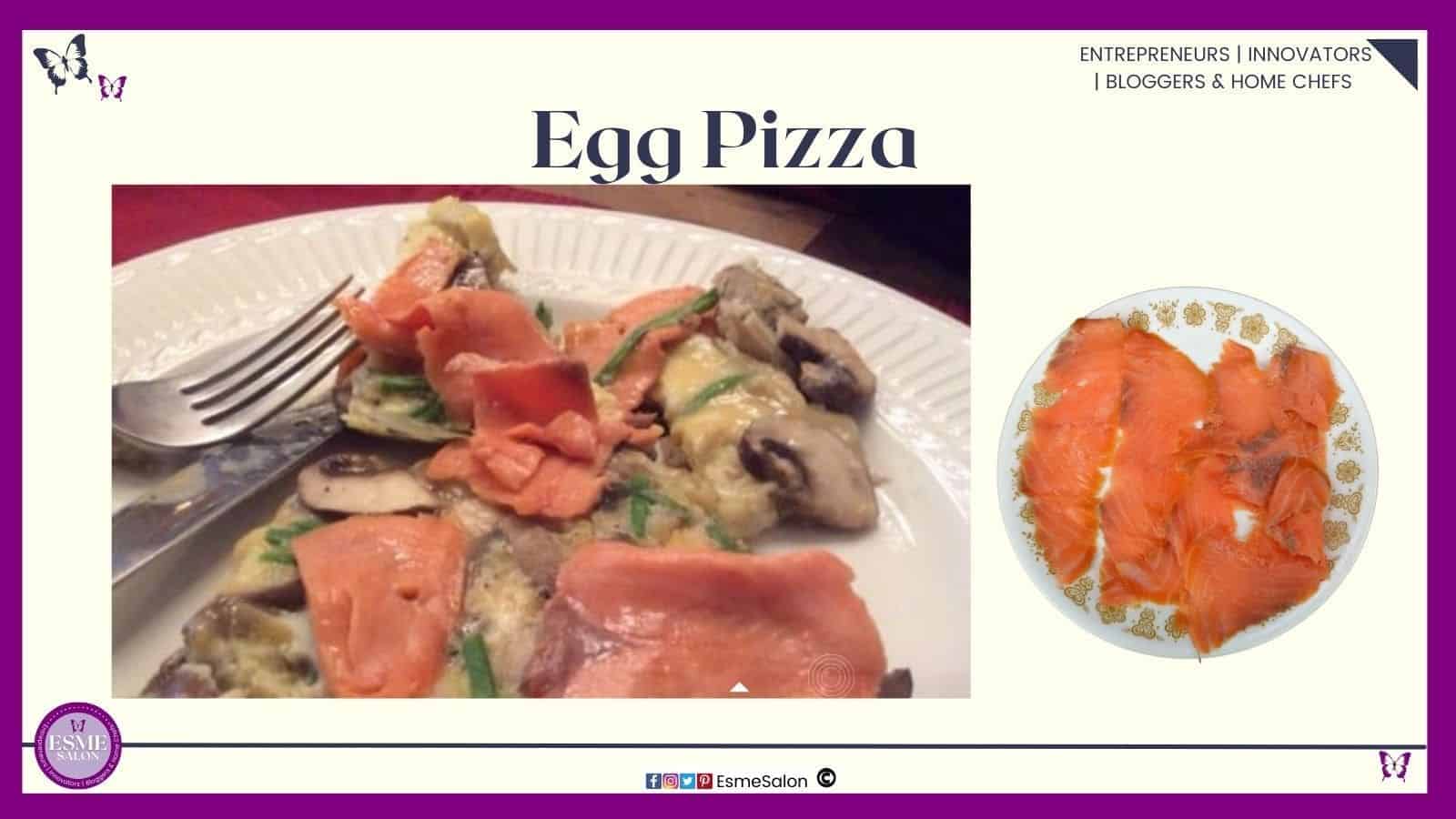 an image of a white plate with an egg pizza with lots of veggies and topped with lox