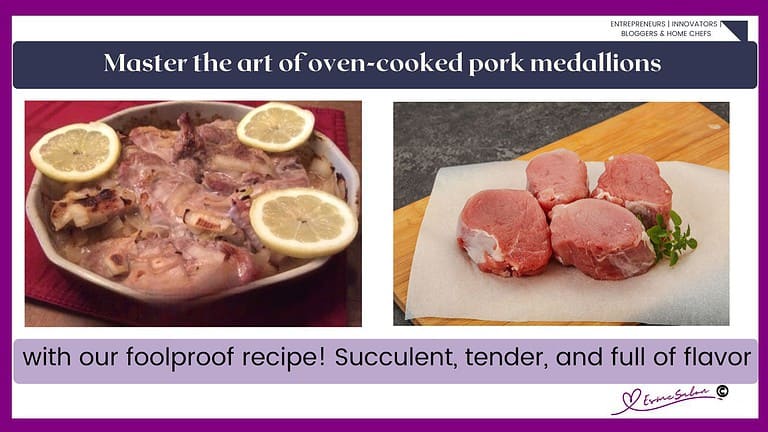 an image of pork medallions in broth cooked in the oven and served with slices of lemon