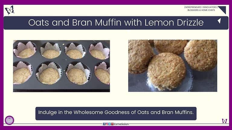 an image of Oats and Bran Muffin with Lemon Drizzle in a muffin pan with paper muffin holders
