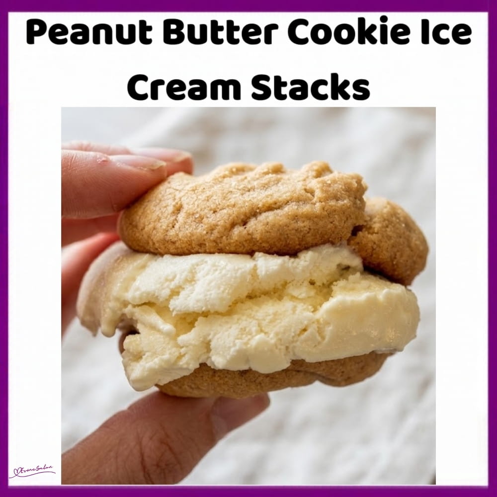 An image of 2 peanut butter cookies filled with a ball of Vanilla Ice Cream to form a stack