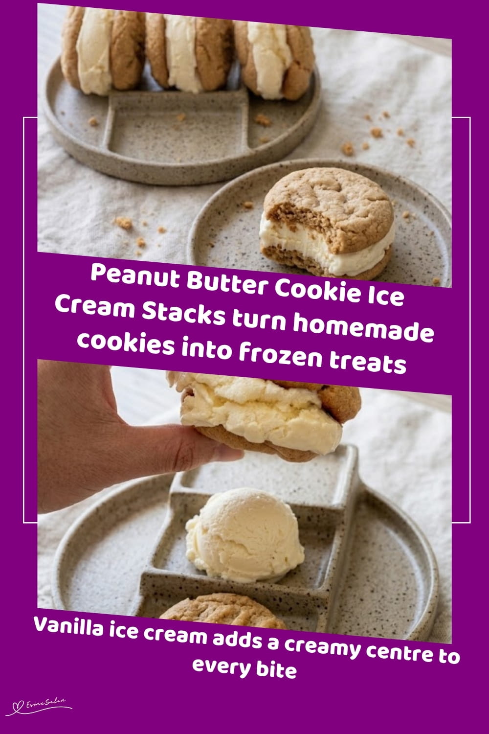 An image of 2 peanut butter cookies filled with a ball of Vanilla Ice Cream to form a stack