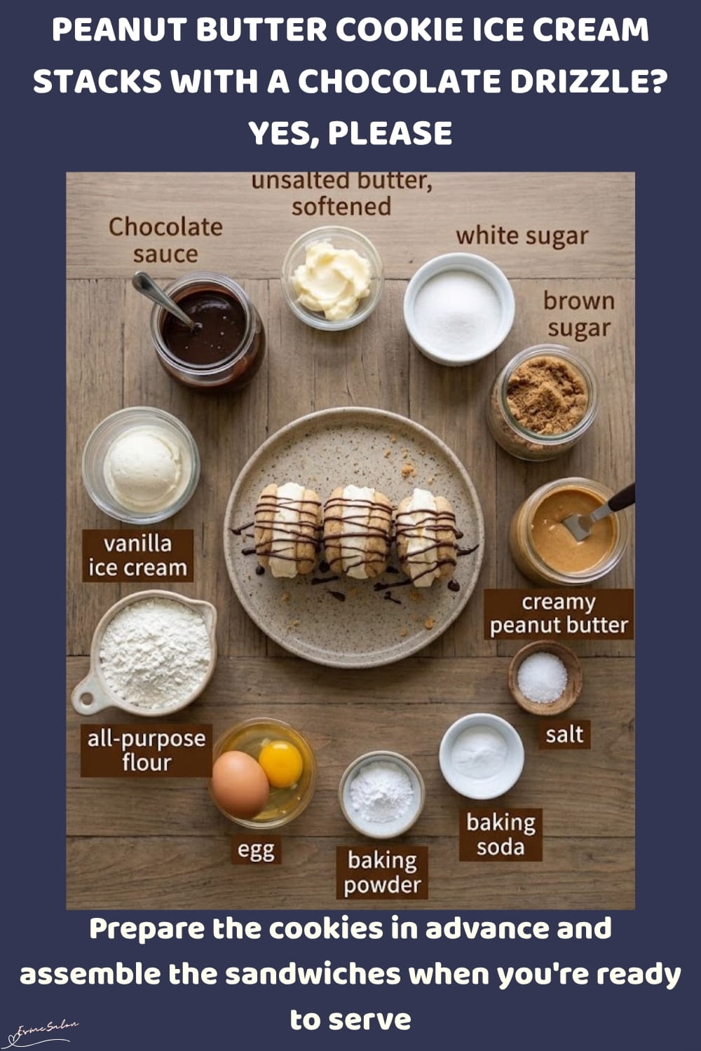An image of 2 peanut butter cookies filled with a ball of Vanilla Ice Cream to form a stack