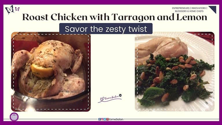 an image of a chicken with lemon and Tarragon baked and served with spinach and kale and pine nuts