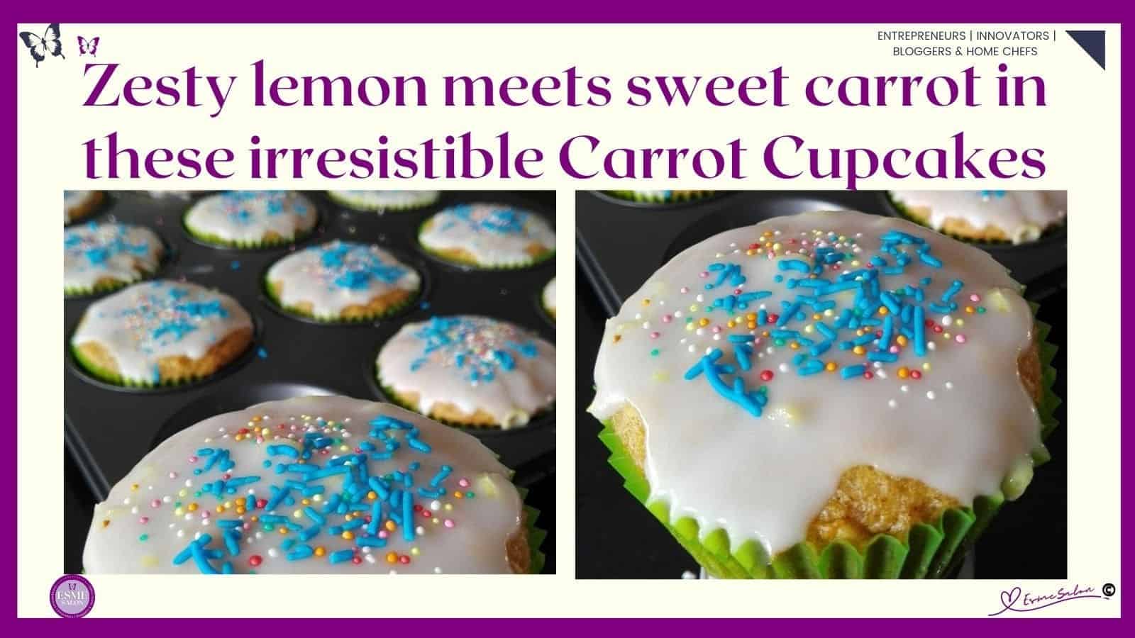 an image of Carrot Cupcakes with a lemony white glaze and colored sprinkles