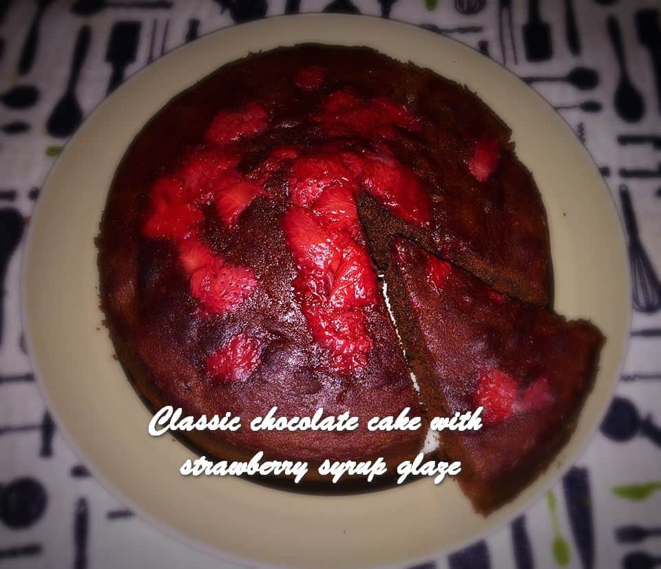 TRH Classic chocolate cake with strawberry syrup glaze