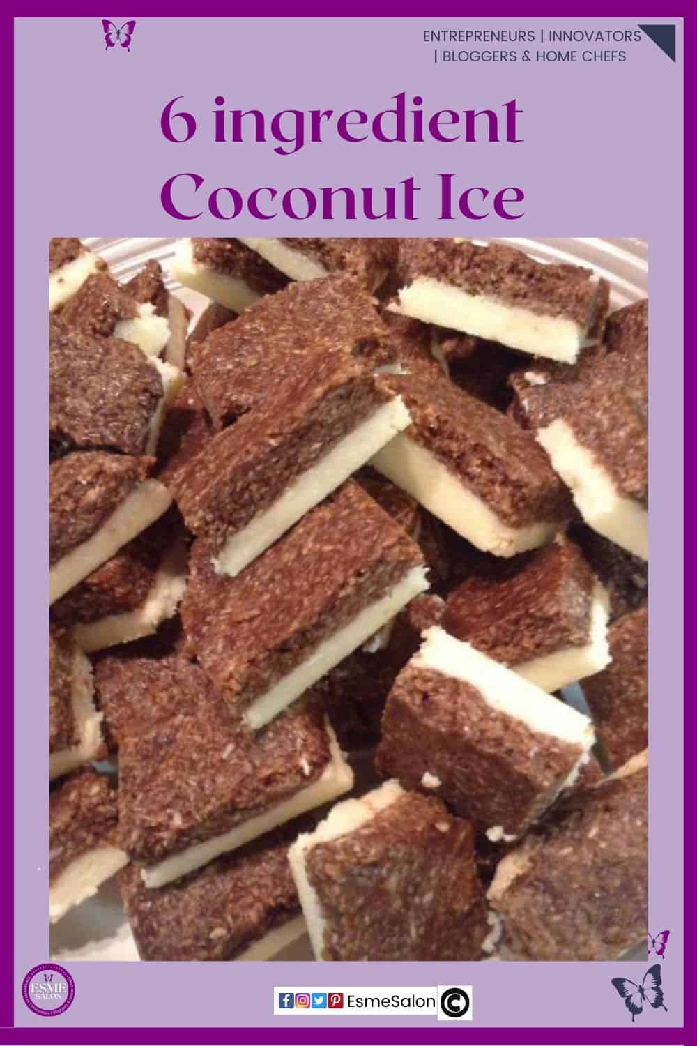 Brown and white Coconut Ice squares on a wooden board